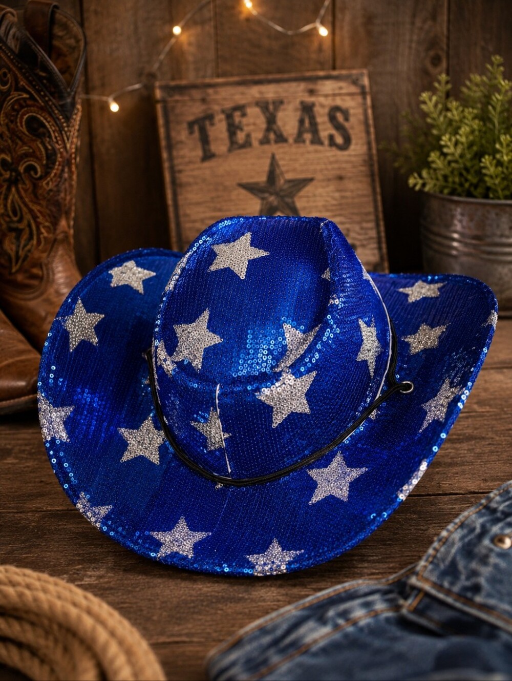 Blue Sequin Cowboy Hat with Silver Stars, NWOT